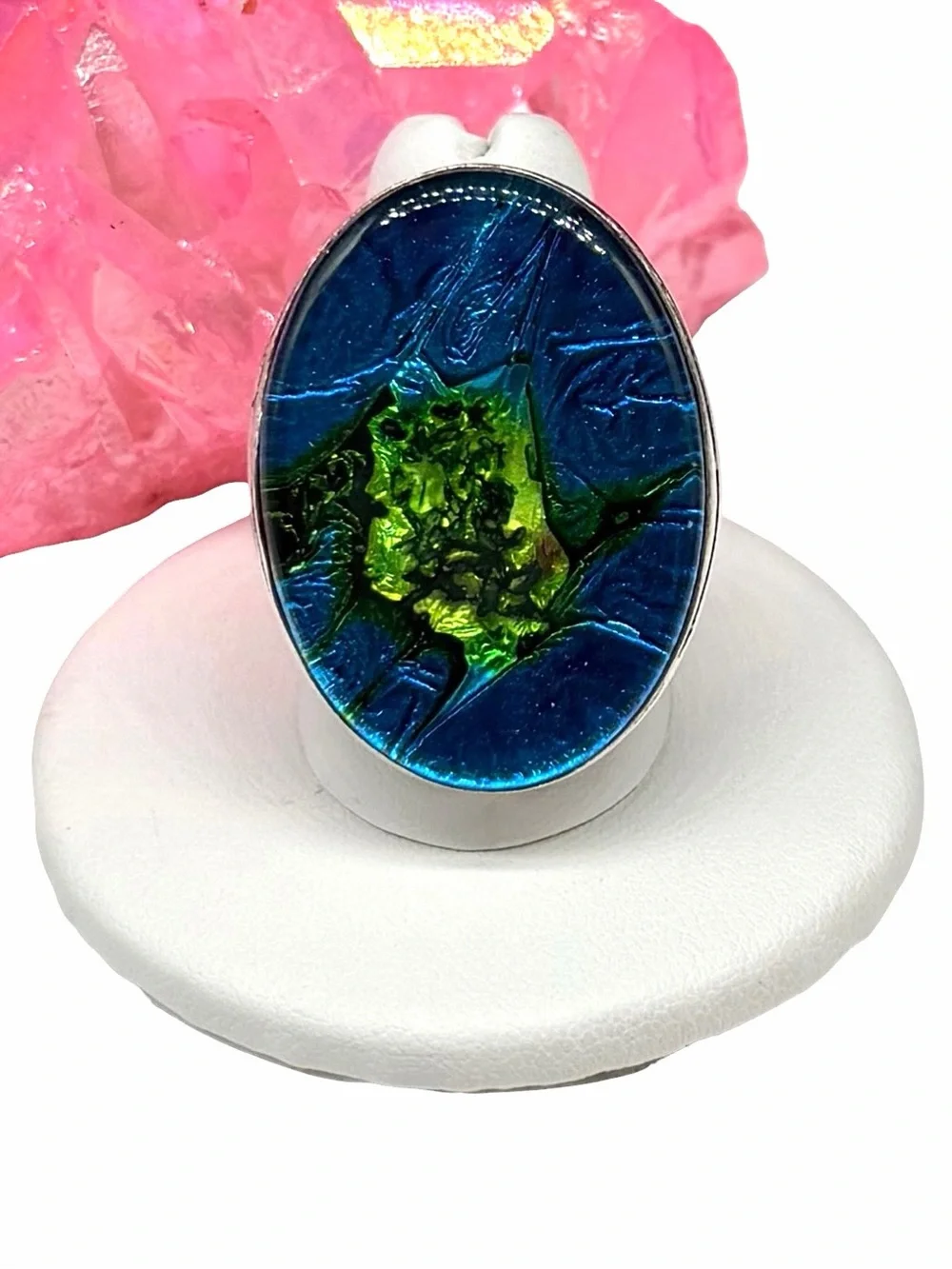 Dichroic Glass Ring Size 8 925 Sterling Silver Overlay Blue Green